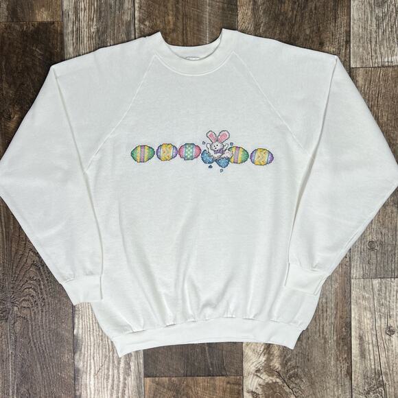 Vintage 90s Cross Stitch Easter Bunny Crewneck Sweatshirt White XL - Picture 1 of 8